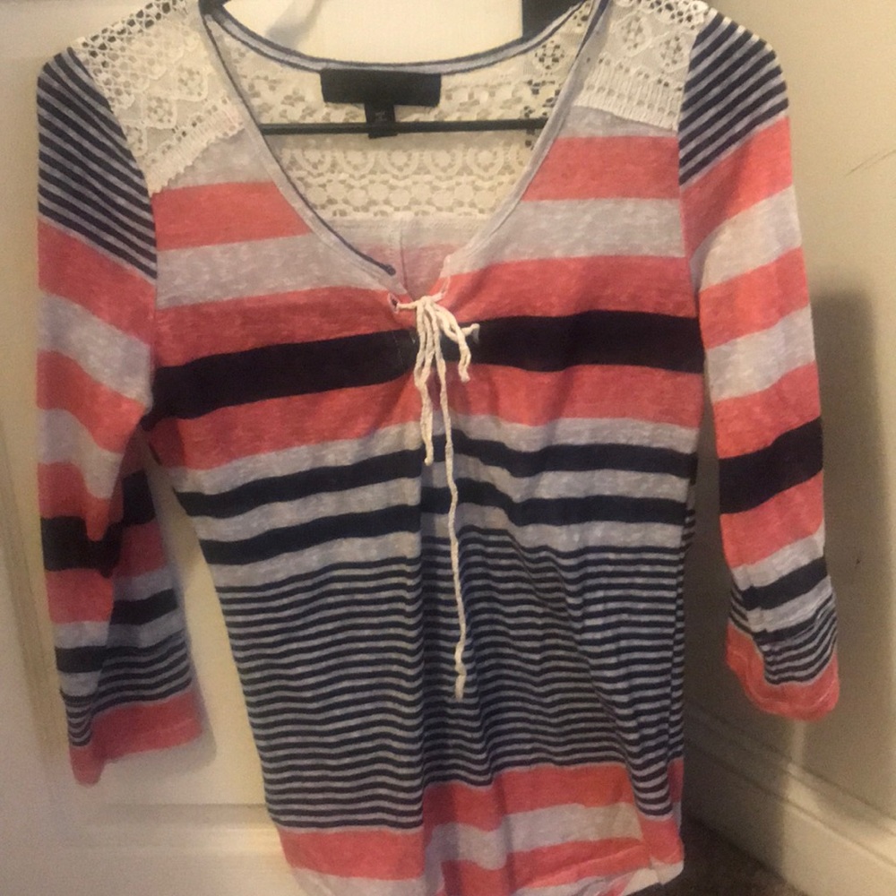 Blue and light pink top with crochet lace details